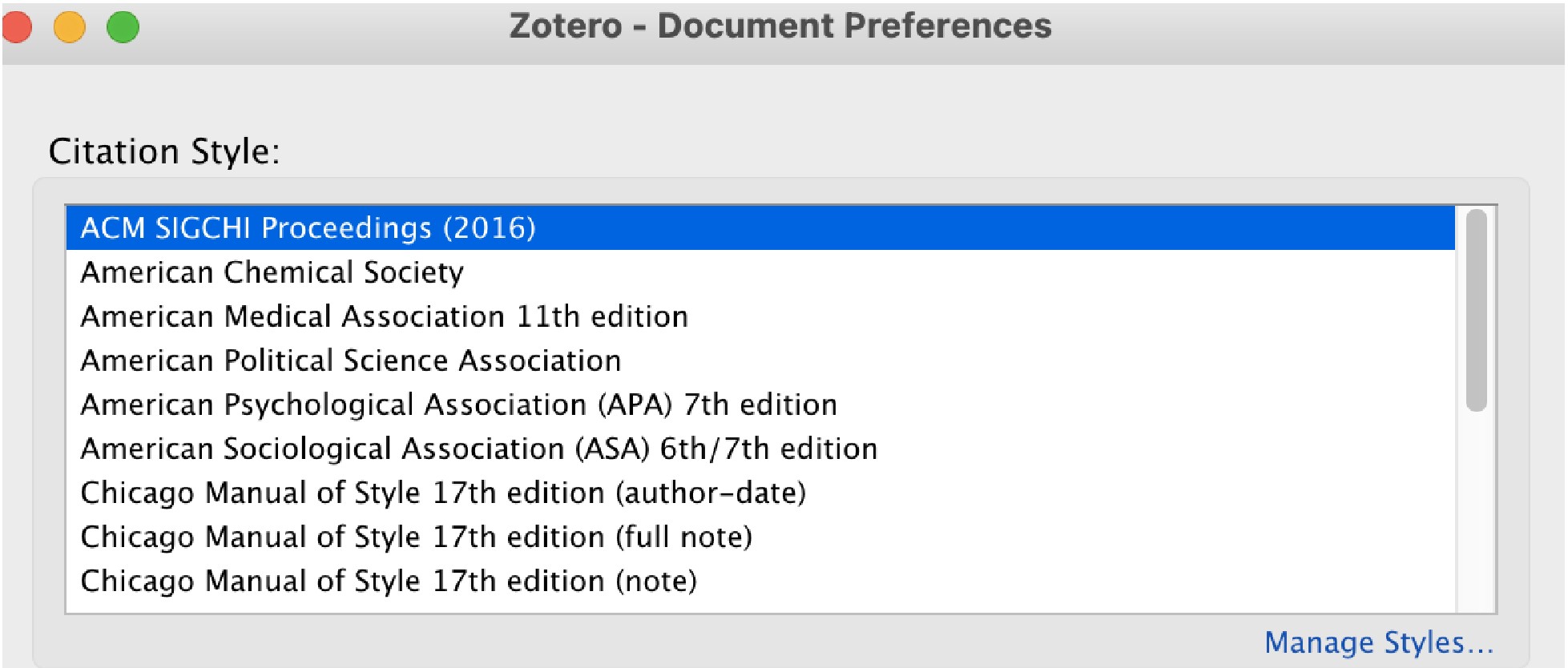 Screenshot of a Zotero panel displaying multiple citation styles.